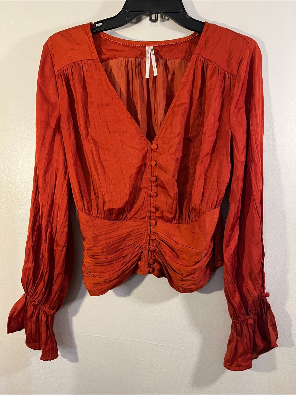 Anthropologie Rust-Red V-Neck Button-Front Blouse